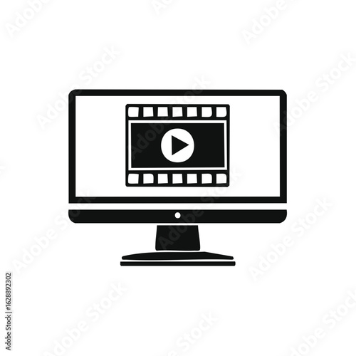 Desktop computer monitor with a video player film strip and play button icon.