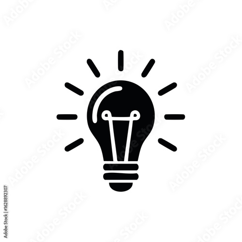 Black Light Bulb Icon, Idea Symbol with Radiating Light, Energy and Creativity Symbol