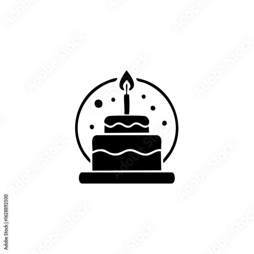 Tiered birthday cake with one lit candle glyph icon for a party celebration