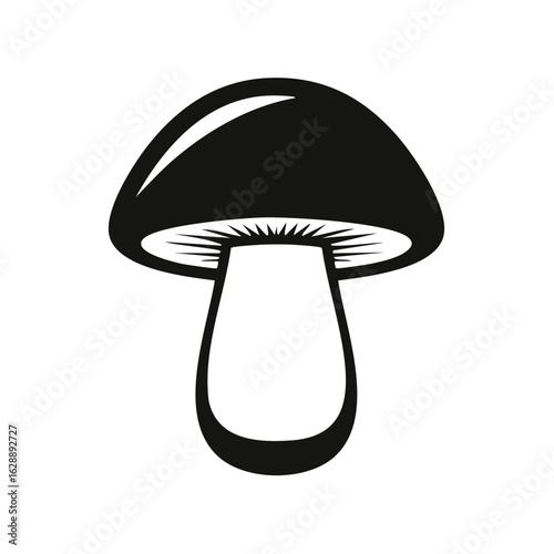 Simple stylized black and white vector icon of a wild forest mushroom with a thick stem and gills