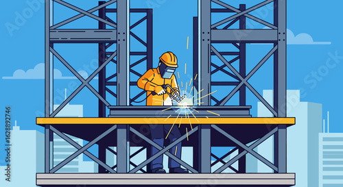 Skilled construction worker in protective gear performs welding on a steel beam at a high-rise building site.