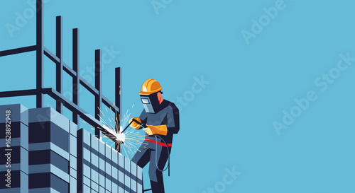 An illustration depicts a skilled construction worker safely welding a metal beam on a modern building site against a clear blue sky.
