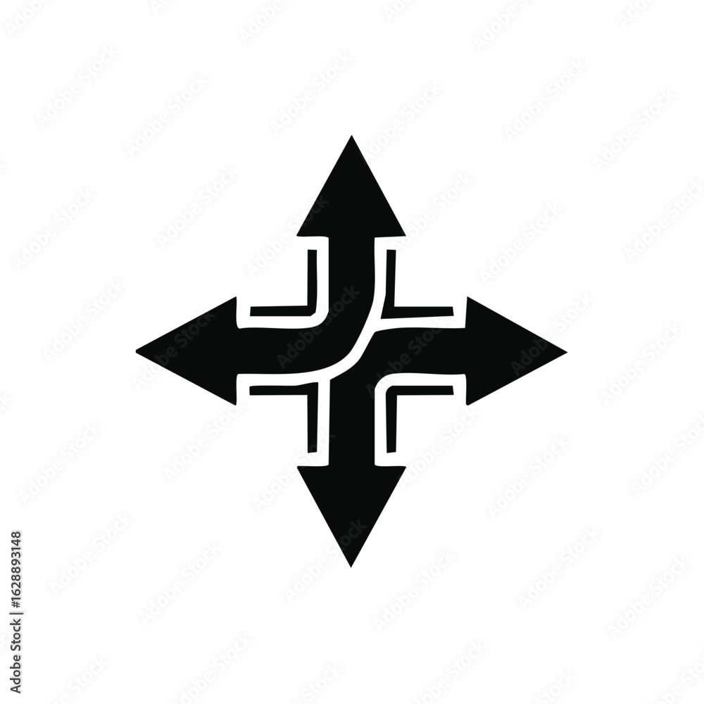 Four intertwined black arrows pointing in multiple directions symbolizing choice decision and path Four intertwined black arrows pointing in multiple directions symbolizing choice decision and path