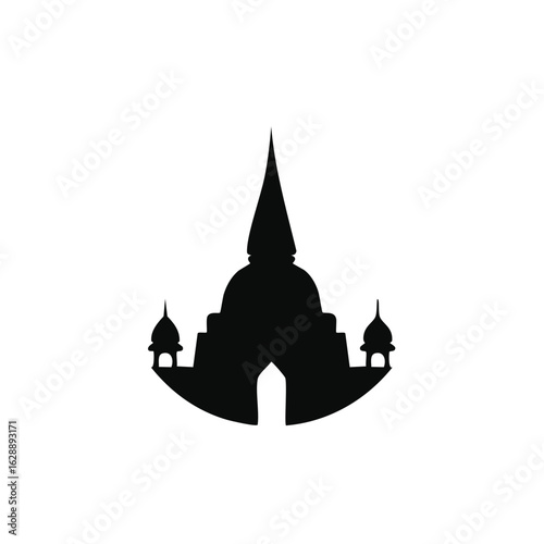 Minimalist black silhouette icon of a Southeast Asian Buddhist temple with a central stupa