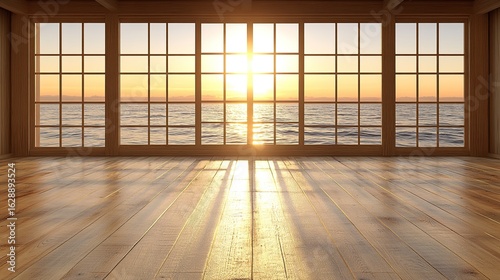 Empty room with large windows overlooking a sunset ocean