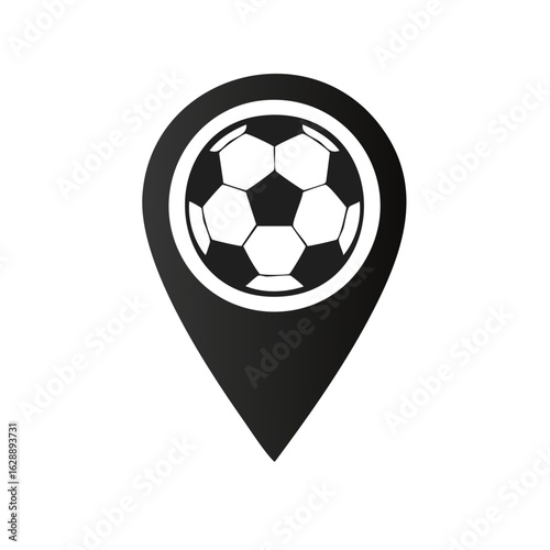 Football soccer ball inside a location pin, black and white icon concept, sport