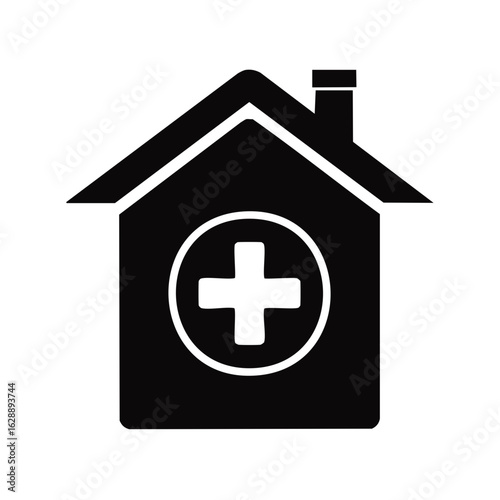 Minimalist black icon of a house with a white medical cross symbol on its facade