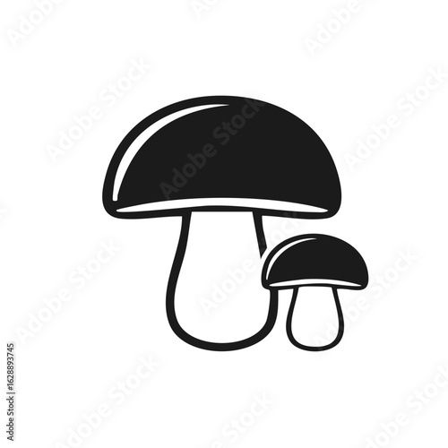Black and white illustration of two mushrooms in a simple graphic style.