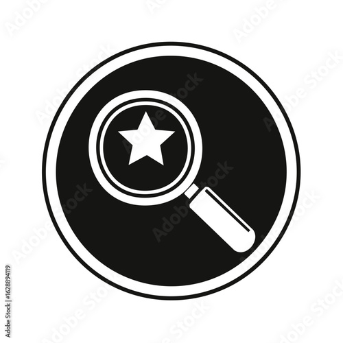 Magnifying glass with star icon inside a black circle for concept search or discovery