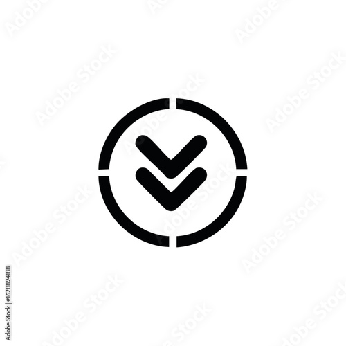 Simple black circle with broken line and two downward arrows inside