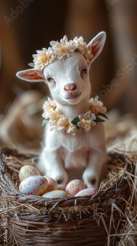Cute goat with floral crown, Easter eggs. AI.