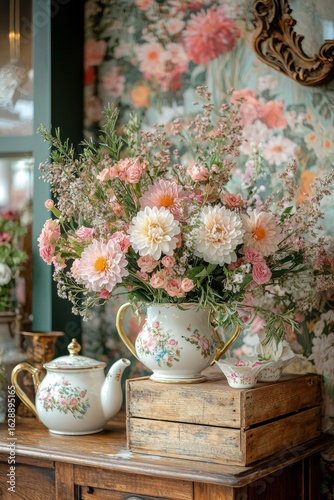 Beautiful floral arrangement in a decorative vase. AI.