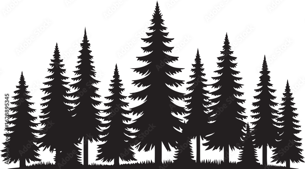 Fototapeta premium A vector illustration of fir and pine trees with snowy branches and a fern frond set against a winter forest backdrop for the holiday season