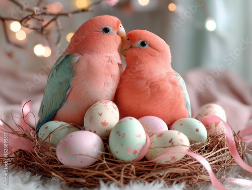 Two birds in a nest with colorful eggs. AI.