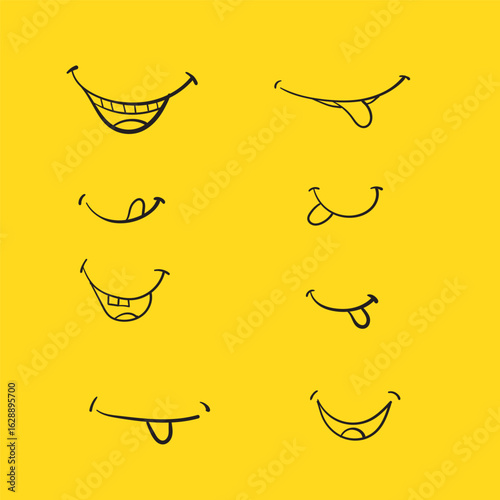 Funny Cartoon Mouth Expressions Vector Set – Hand Drawn Smiling and Tongue Faces on Yellow Background.

