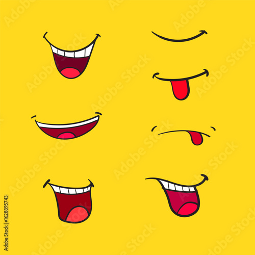 Funny Cartoon Mouth Expressions Vector Set – Hand Drawn Smiling and Tongue Faces on Yellow Background.

