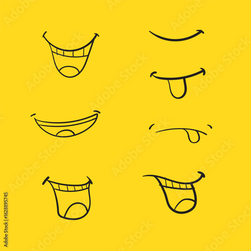 Funny Cartoon Mouth Expressions Vector Set – Hand Drawn Smiling and Tongue Faces on Yellow Background.

