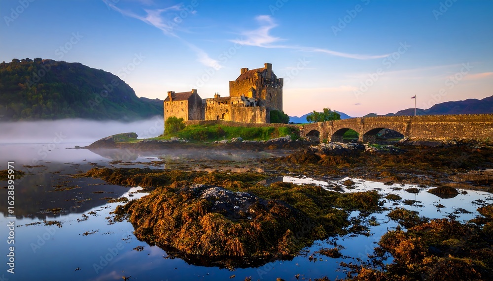Fototapeta premium Misty Scottish castle at dawn