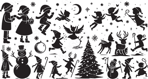 A festive set of black and white Christmas icons, decorations, and illustrations for holiday designs