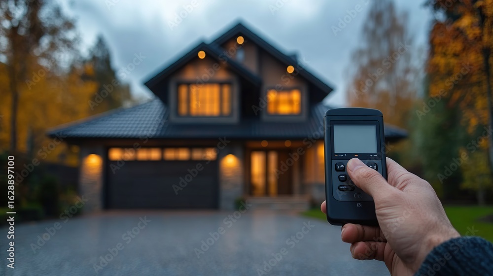 Naklejka premium Smart home control. A hand holds a remote control, in front of a modern house at dusk
