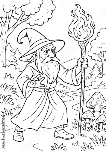 Black and white sketch of a wizard with a flaming staff in a forest. Fantasy cartoon style, perfect for coloring pages or magical-themed illustrations.