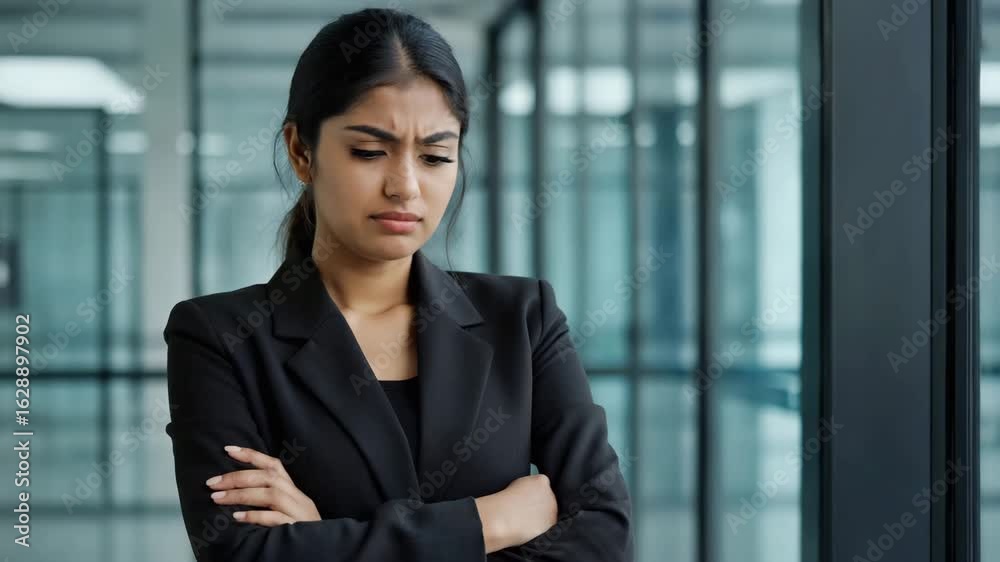 Unhappy businesswoman crossing arms in office Unhappy businesswoman crossing arms in office