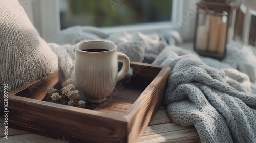 Warm drink on a cozy window seat with soft blankets and natural light creates a peaceful scene.