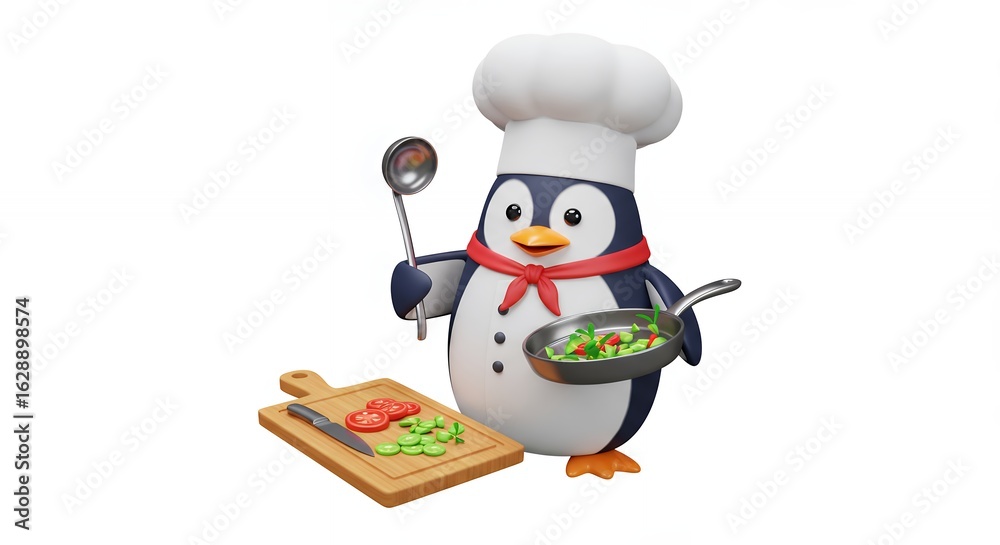 Obraz premium Cartoon penguin chef preparing food