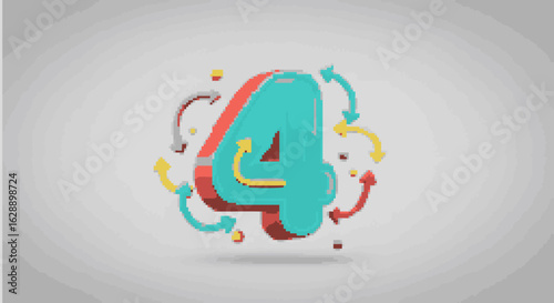 Vibrant three-dimensional number four surrounded by cyclical arrows. Modern infographic element for sequential steps.