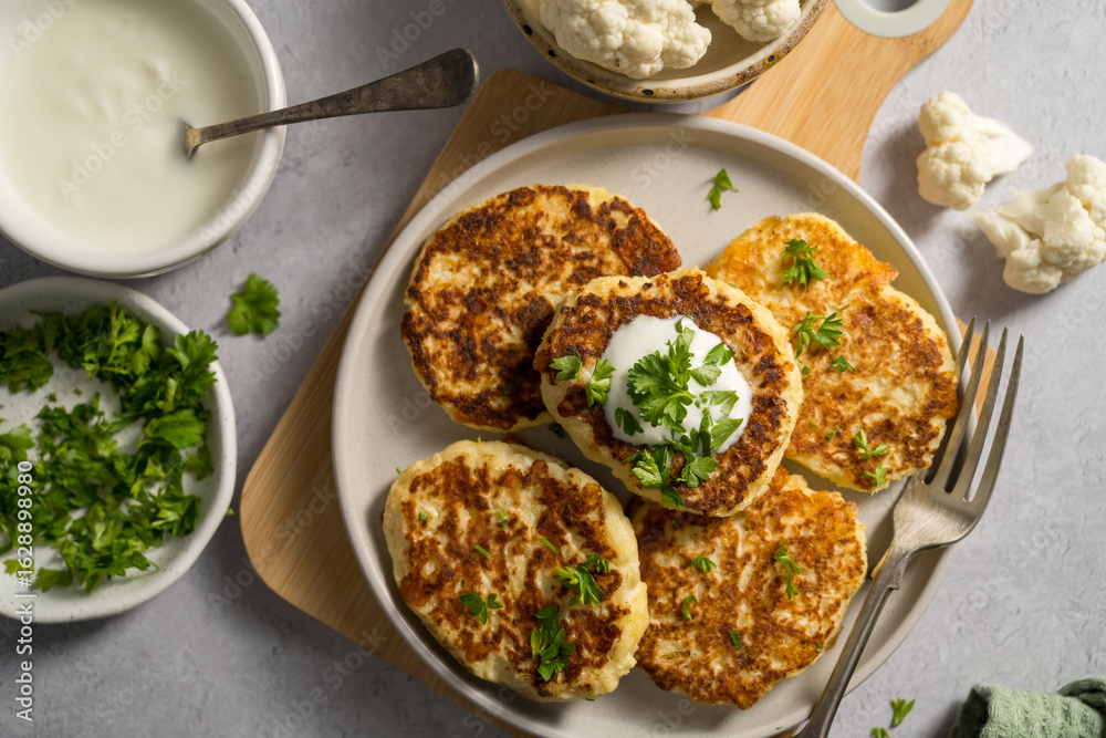 Vegetarian cauliflower pancakes, fritters served with sour cream Vegetarian cauliflower pancakes, fritters served with sour cream