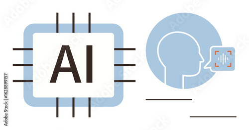 AI chip and human profile with sound-wave analysis. Ideal for AI, voice interface, innovation, technology, speech recognition, machine learning, digital communication. Simple flat metaphor
