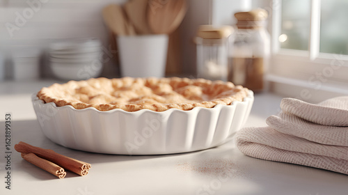 Homemade pie with cinnamon in a bright kitchen with spices, and simple white dishware and linen.