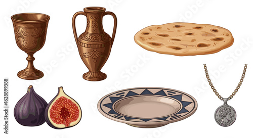 Ancient feast laid out with artifacts, bread, and ripe fruits.