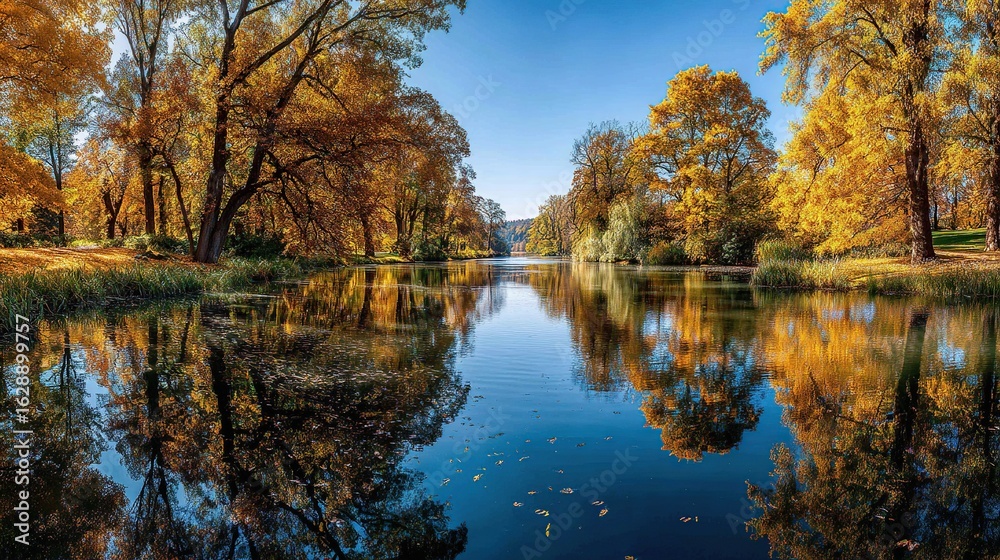 Fototapeta premium Autumn trees in vibrant hues of gold frame a calm lake, reflecting the foliage under a bright blue sky