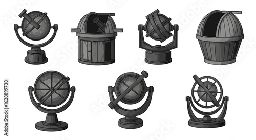 Antique celestial globe and observatory dome illustrations on a clean background