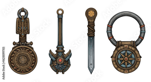 Collection of fantasy themed objects in detailed digital illustration style