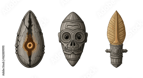 Collection of Mystical Artifacts in Stone and Gold Isolated on White