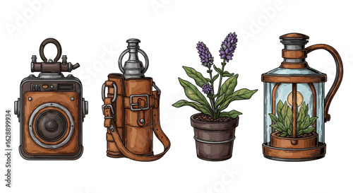 Steampunk-inspired still life with camera, canteen, plant and lantern illustration.