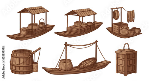 Floating market boats illustration showing traditional Asian water commerce