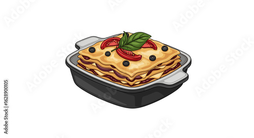 Delicious lasagna topped with tomato and basil in gray baking dish