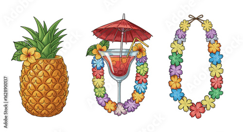 Tropical Summer: Pineapple, Cocktail, and Lei Illustrations Isolated on White