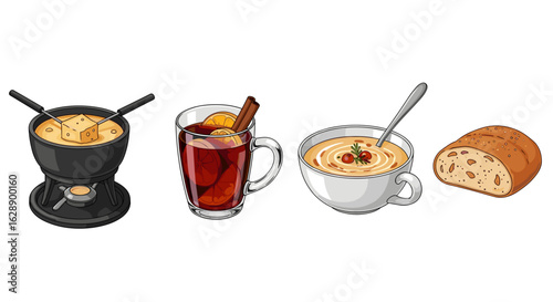 Cozy Winter Food: Fondue, Mulled Wine, Soup, and Bread Illustration