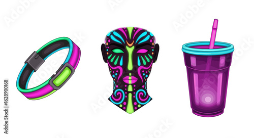 Vibrant neon futuristic accessories set against a clean white background