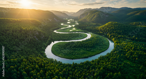 Aerial river landscape mountain forest nature scenic winding waterway travel destination view