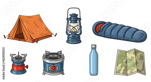 Camping essentials collection: a colorful illustration of outdoor adventure necessities
