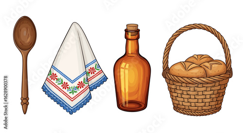 Rustic Kitchen Still Life: Spoon, Napkin, Bottle, and Bread Basket