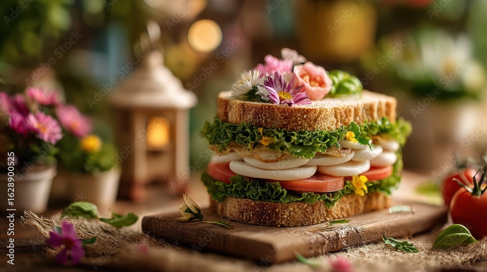 Naklejka premium Visually Appealing Sandwich with Flowers, Fresh Ingredients and Rustic Setting