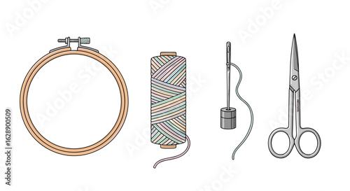 Handcraft supplies: Embroidery hoop, thread spool, needle, and sewing scissors.