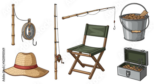 Fishing gear vector set with chair, rod, tackle box and hat.
