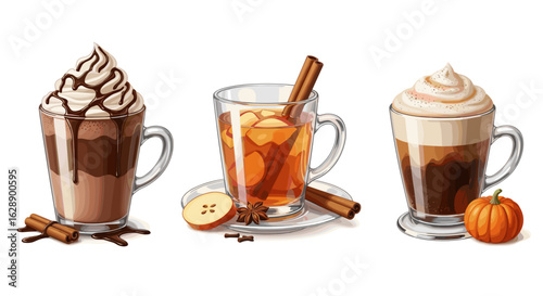 Cozy autumn beverages: three warm drinks with seasonal flavors, isolated